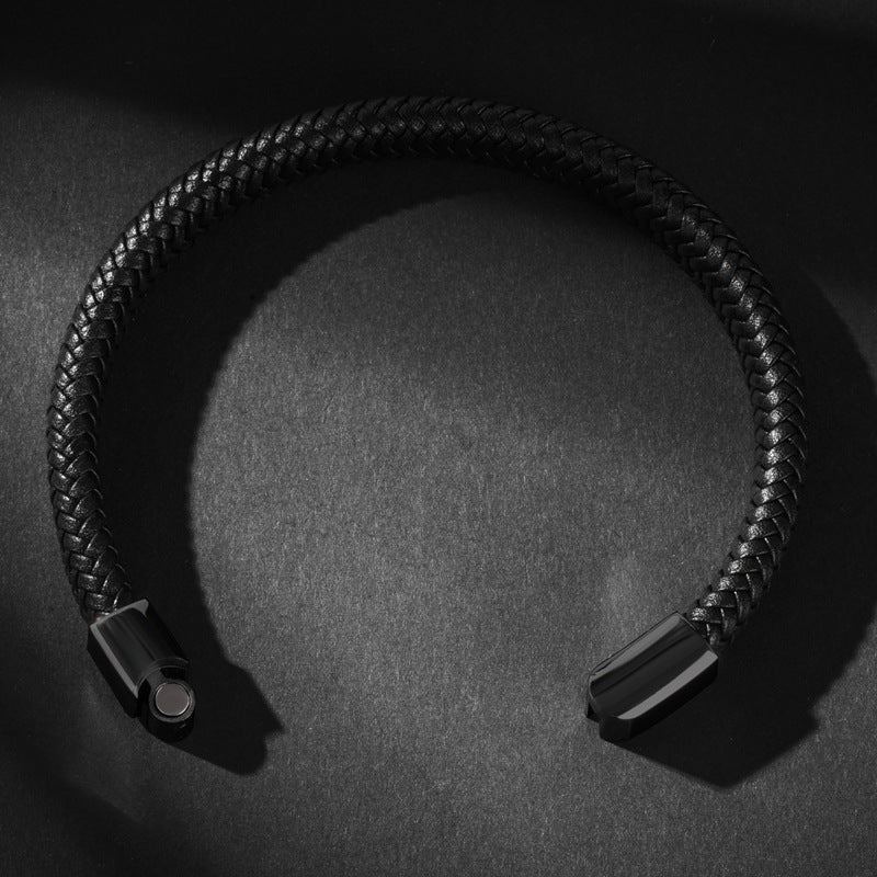 Pulseira de couro trançado de aço titânio