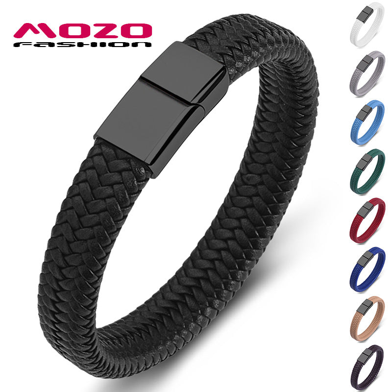 Pulseira de couro trançado de aço titânio