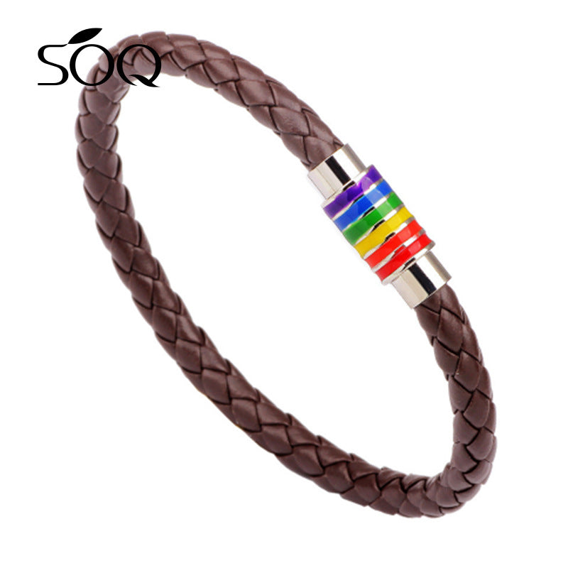 Pulseira de couro com fivela de aço com imã feminino ou masculino