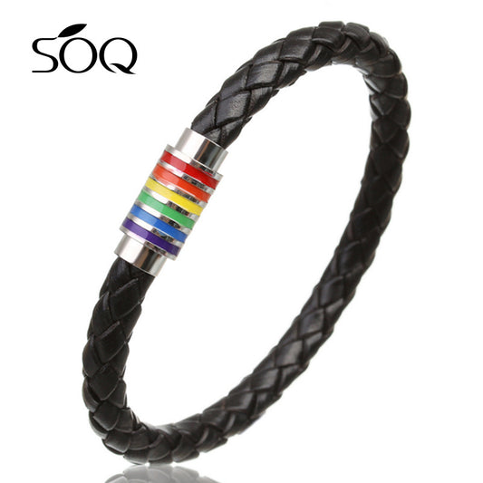 Pulseira de couro com fivela de aço com imã feminino ou masculino