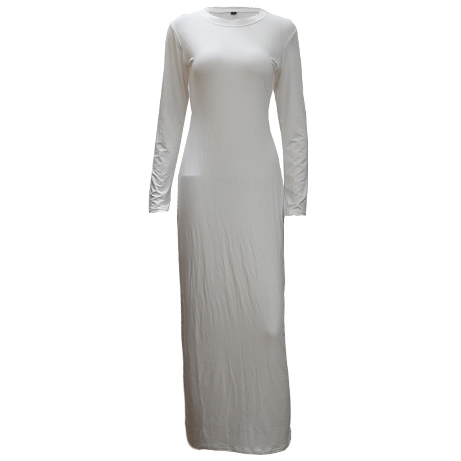 Vestido de algodão fino gola redonda mangas compridas