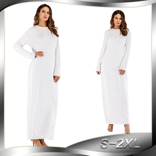  Vestido de algodão fino gola redonda manga comprida  