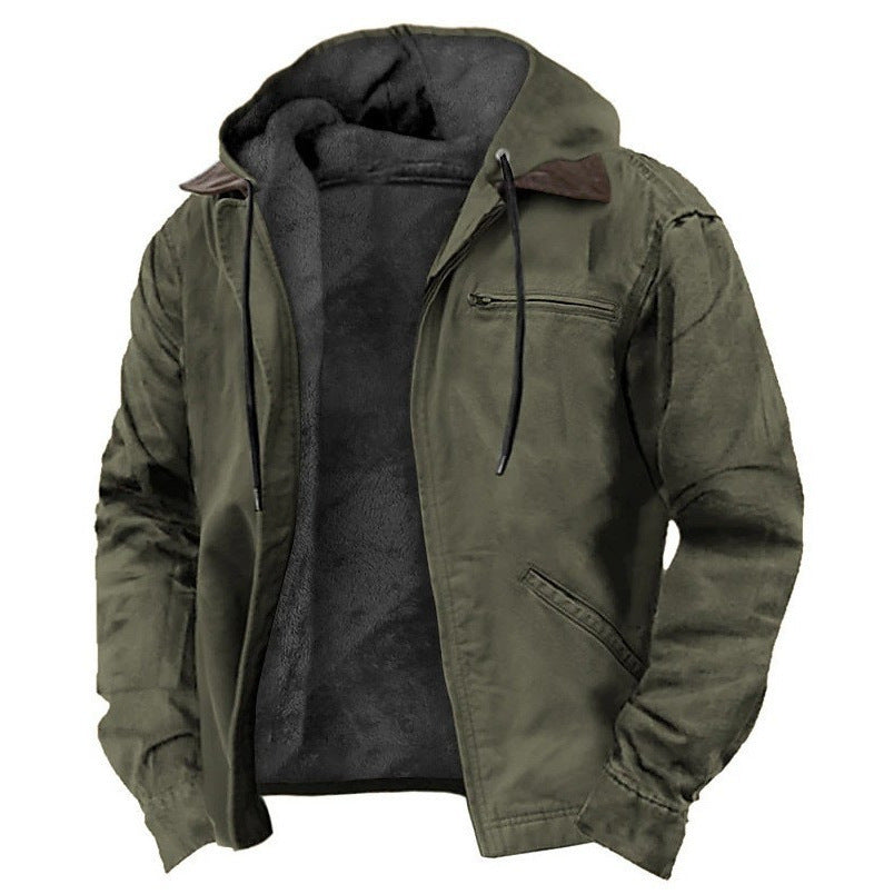 Jaqueta masculina casual acolchoada com forro de lã e bolsos com zíper