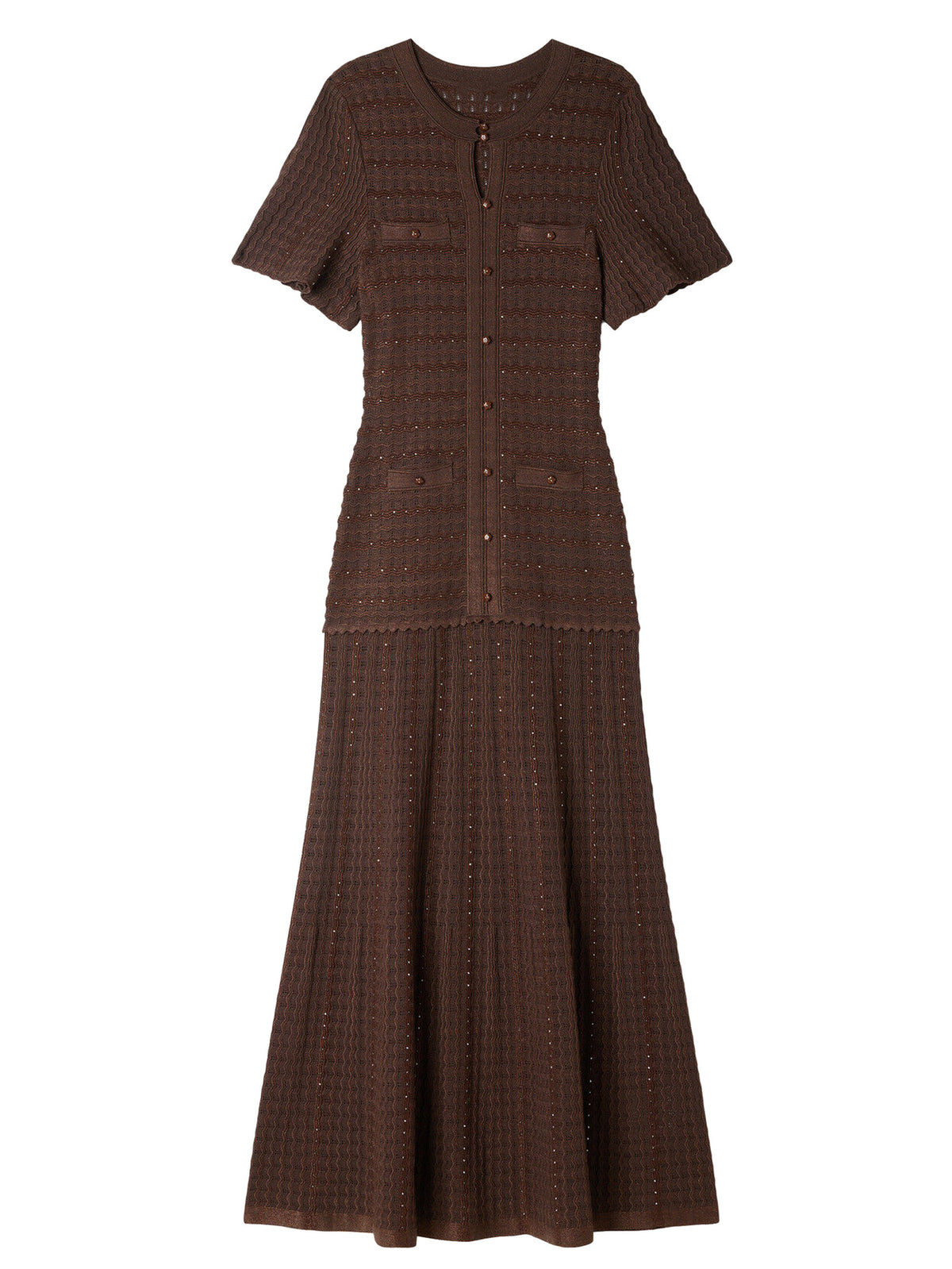 Vestido longo elegante e sofisticado com decote redondo mangas curtas e modelagem justa