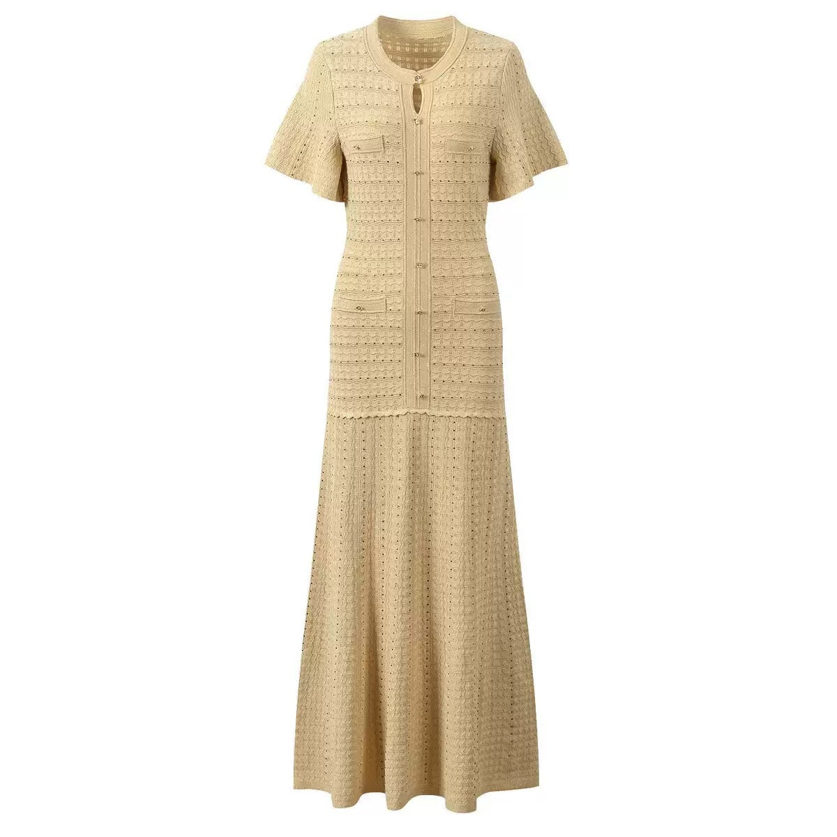  Vestido longo elegante e sofisticado com decote redondo mangas curtas e modelagem justa