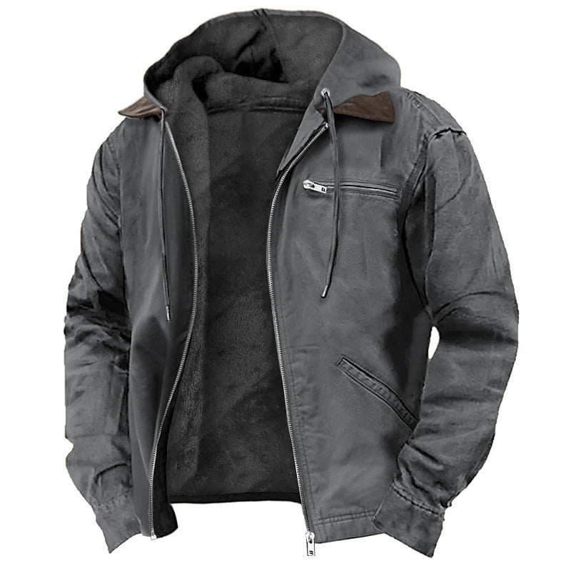 Jaqueta masculina casual acolchoada com forro de lã e bolsos com zíper