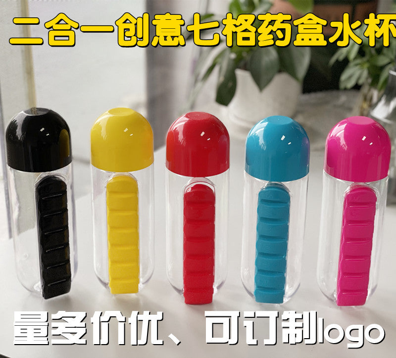 Copo 2 em 1 caixa de remédio e garrafa de água
