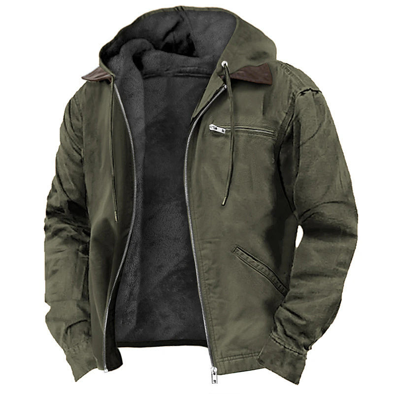 Jaqueta masculina casual acolchoada com forro de lã e bolsos com zíper