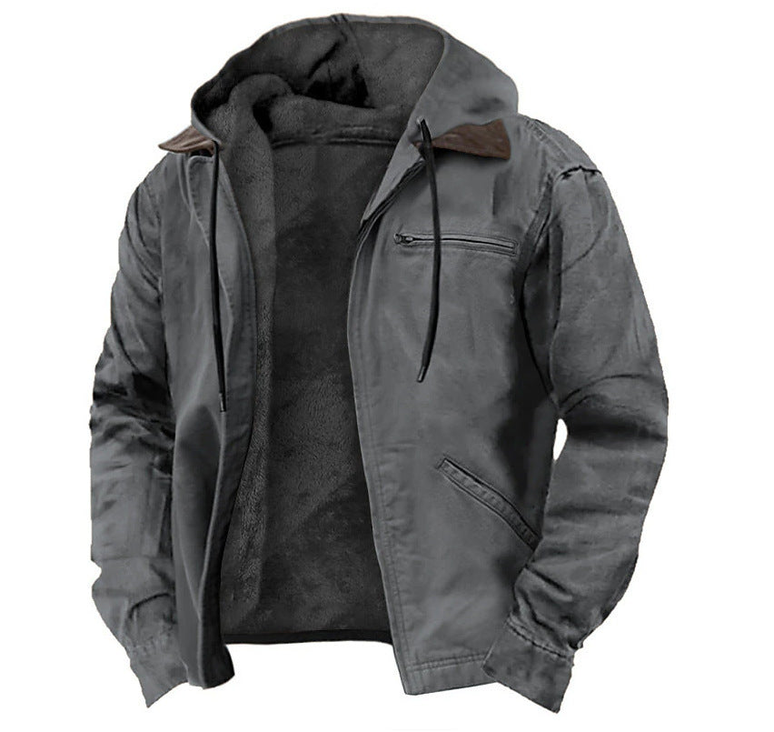 Jaqueta masculina casual acolchoada com forro de lã e bolsos com zíper