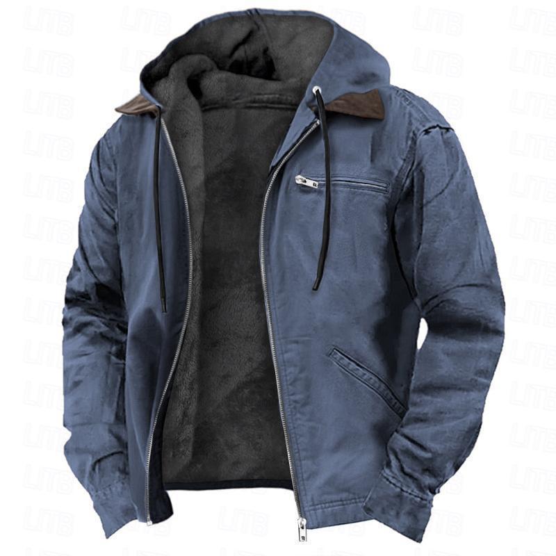 Jaqueta masculina casual acolchoada com forro de lã e bolsos com zíper