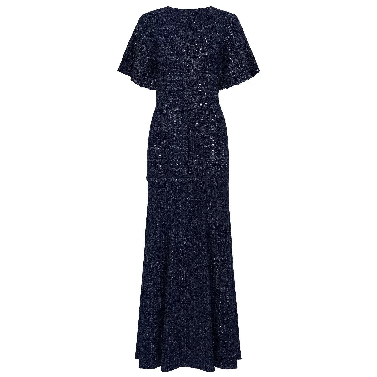 Vestido longo elegante e sofisticado com decote redondo mangas curtas e modelagem justa