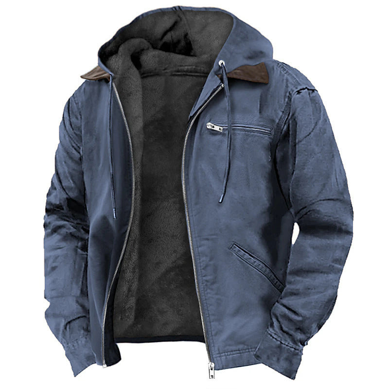 Jaqueta masculina casual acolchoada com forro de lã e bolsos com zíper