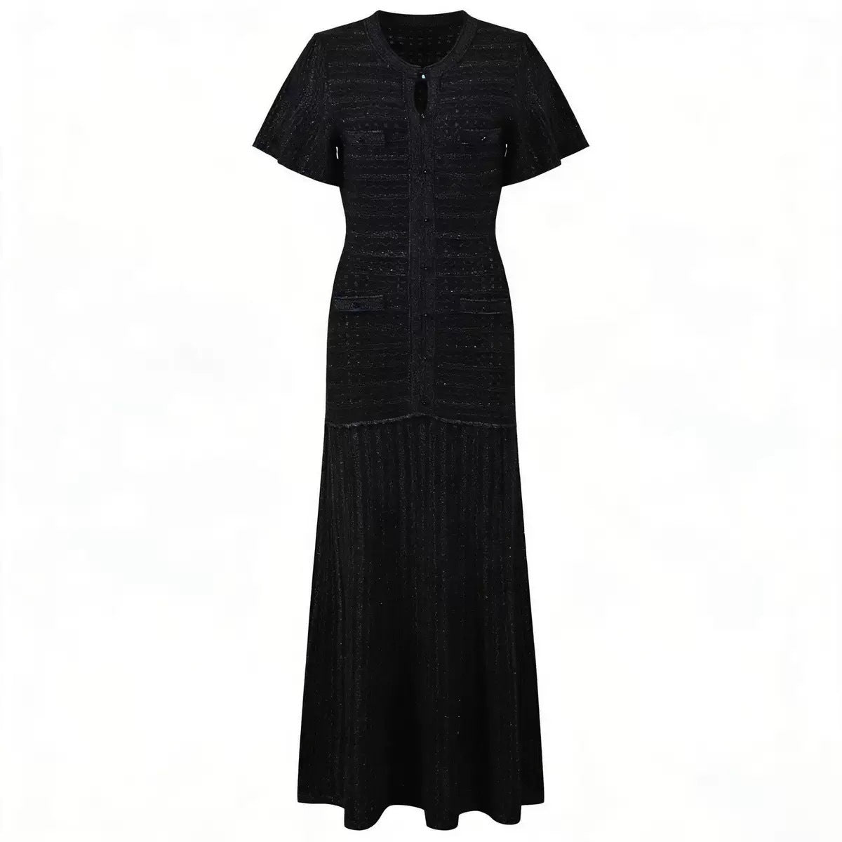  Vestido longo elegante e sofisticado com decote redondo mangas curtas e modelagem justa